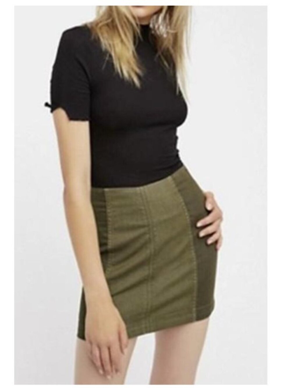 Free People Modern Femme Two Tone Stretch Army Green Mini Pencil Skirt Size 8